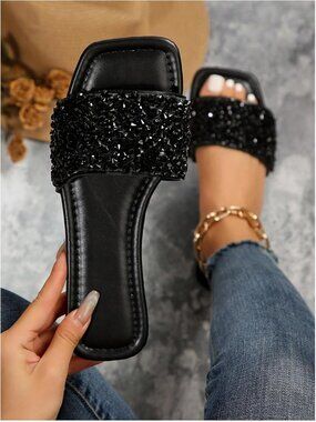 🆕Women Black Glitter Sparkly Flat Sandals Dressy Open Toe Glitter Shiny Slipper